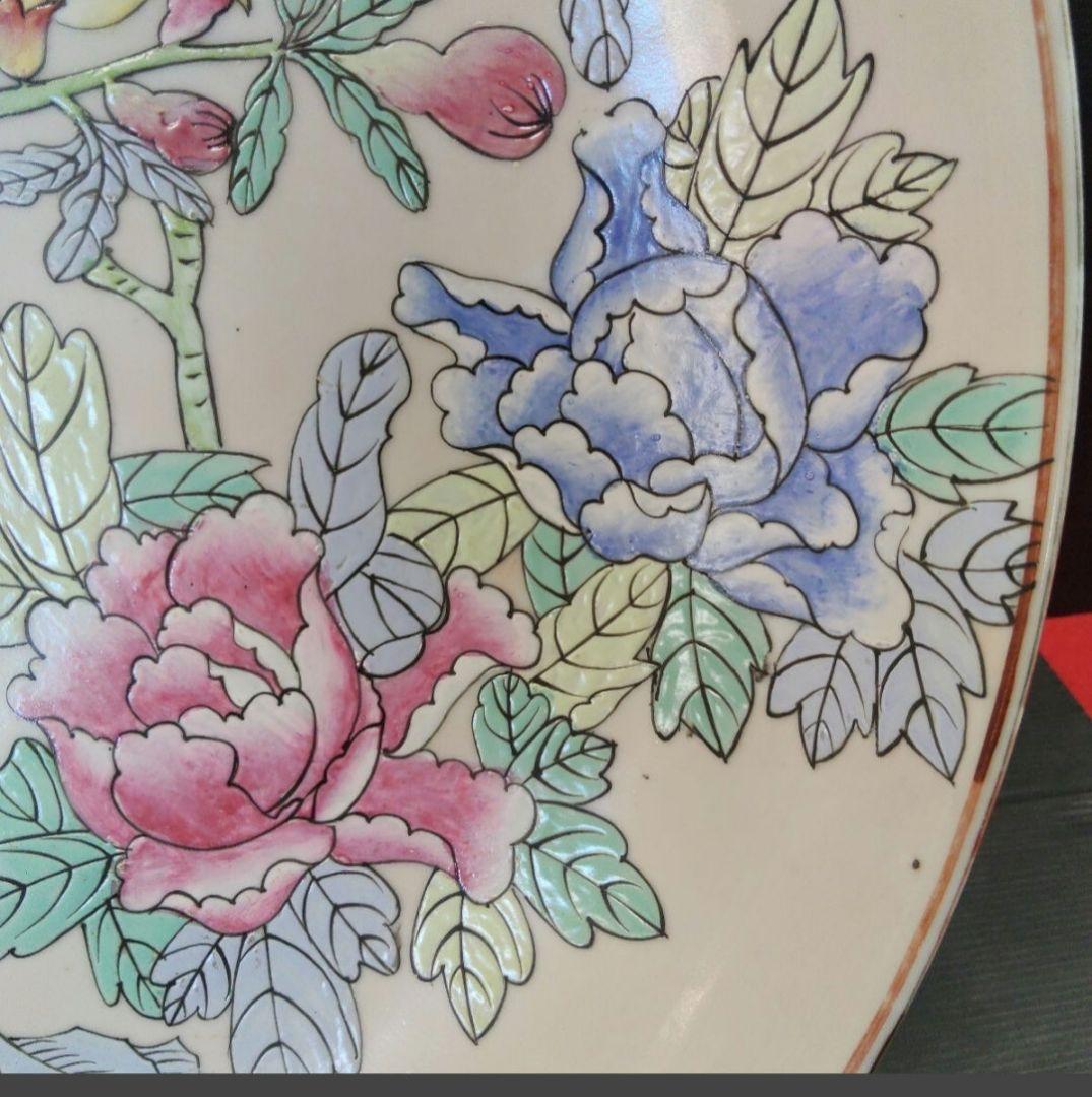 中国 清代 景徳鎮 粉彩 花鳥図 大飾皿 55センチ 柘榴