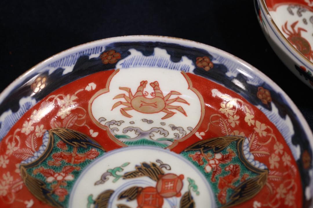 954　古伊万里色絵蟹図中皿5枚　無傷　幕末明治　（旬、希少性）