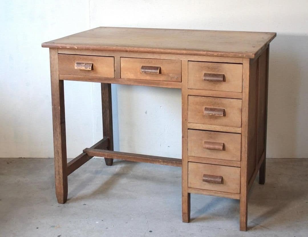 ヴィンテージ片袖机 デスク 木製文机 6引き出し付き