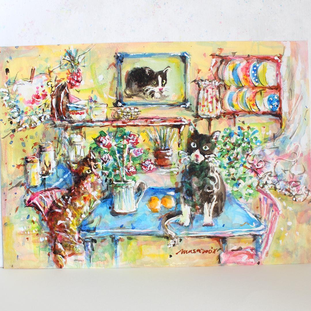 「猫とキッチン」水彩画 原画