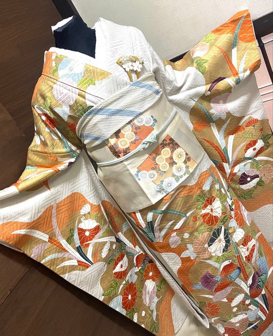 振袖フルセット6点M〜Ｌサイズ　正絹　鴛鴦花文　売り切り終了