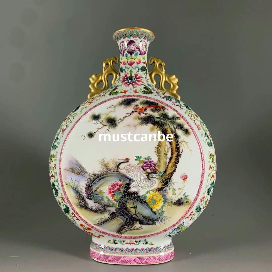 乾隆蒔山山水松鶴延年図抱月瓶 花瓶 景徳鎮 陶磁器 装飾品現代工芸品美術品 置物