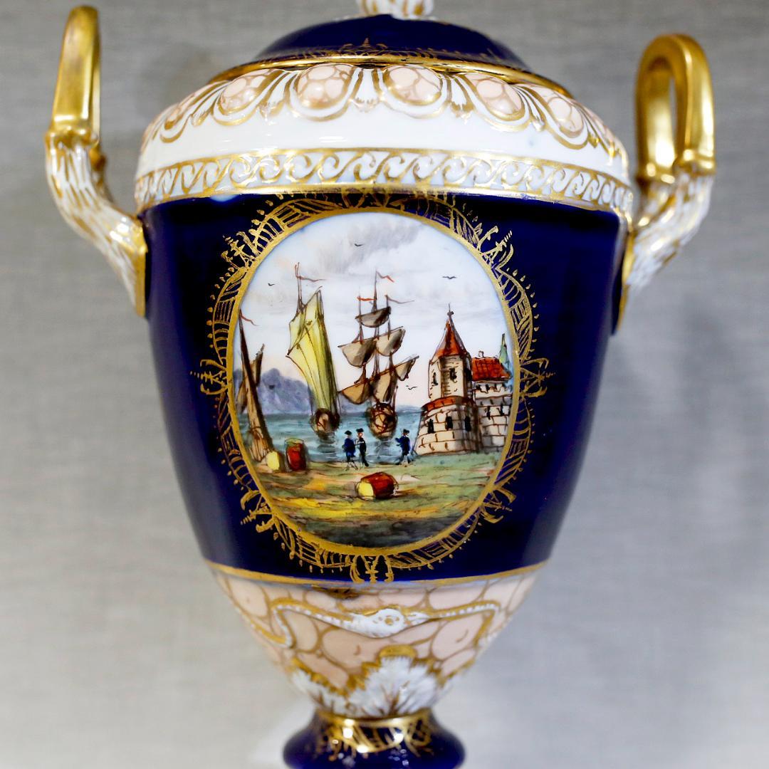 【送料込み】ドレスデン 帆船 壺 蓋付き 飾り壺 コバルト 金彩 ②