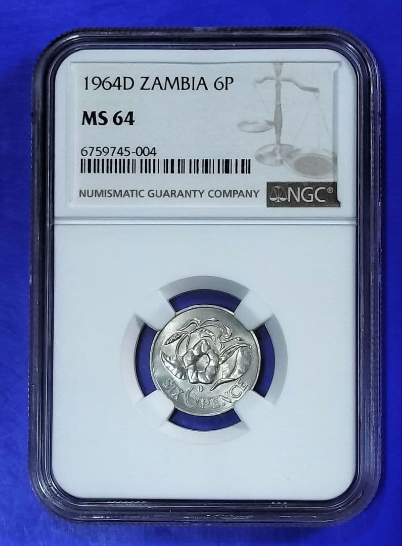 ザンビア　6ペンス硬貨　NGC MS64（アサガオのデザイン）1964年