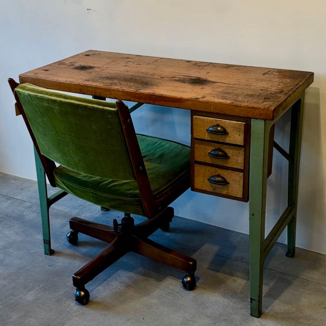 ヴィンテージ インダストリアルデスク｜木製天板×金属脚 引き出し付き