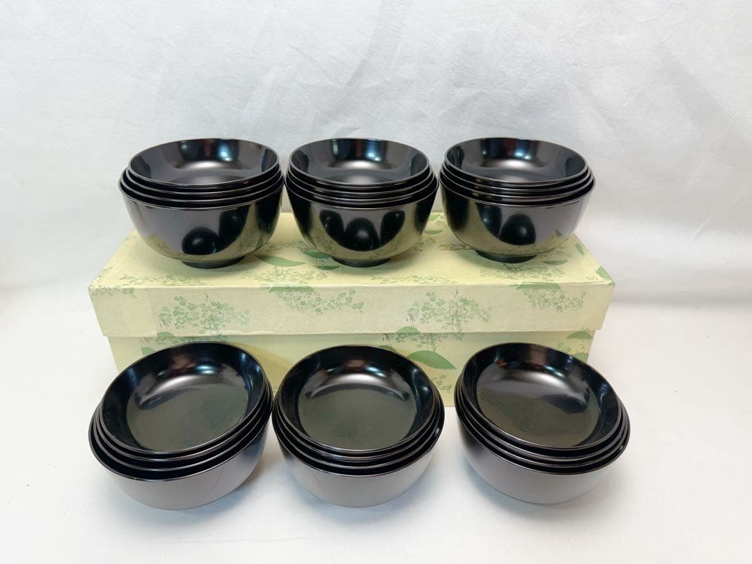 未使用 懐石道具 木製 黒真塗 四つ椀 小丸椀 6客揃 元箱