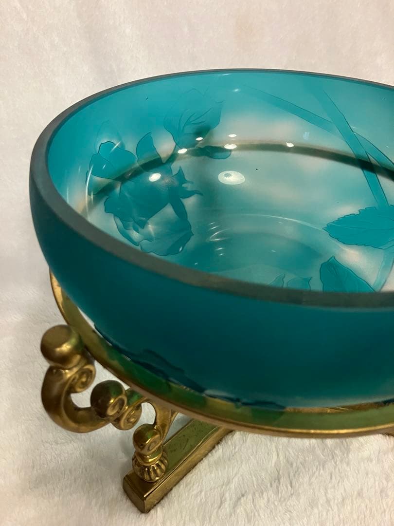 青色ガラスボウル 金属スタンド付き