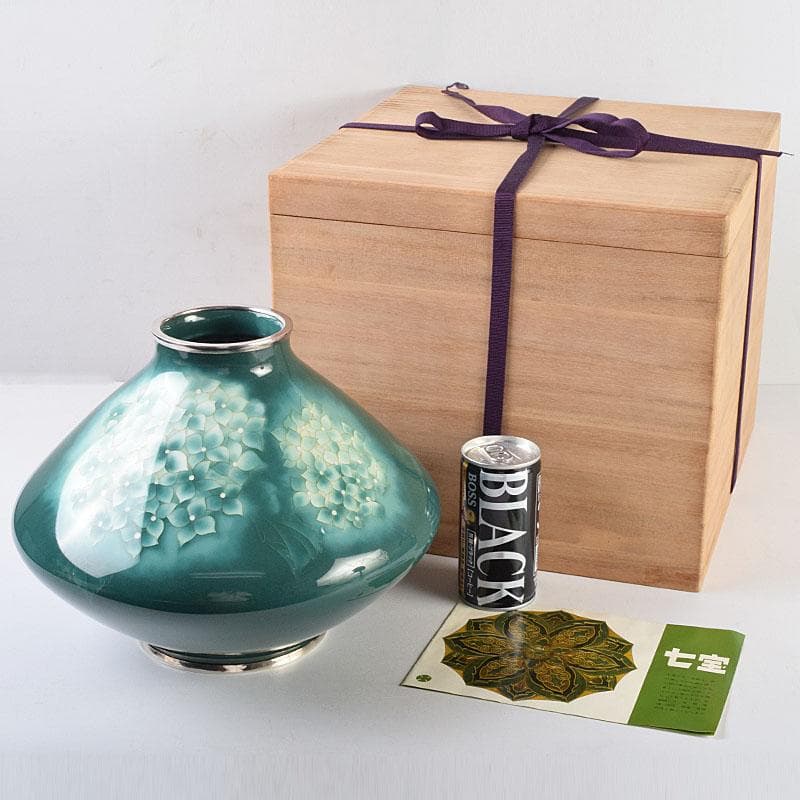 七宝焼　安藤七宝店　純銀刻印　紫陽花文　花瓶　時代箱付　U　R9192B