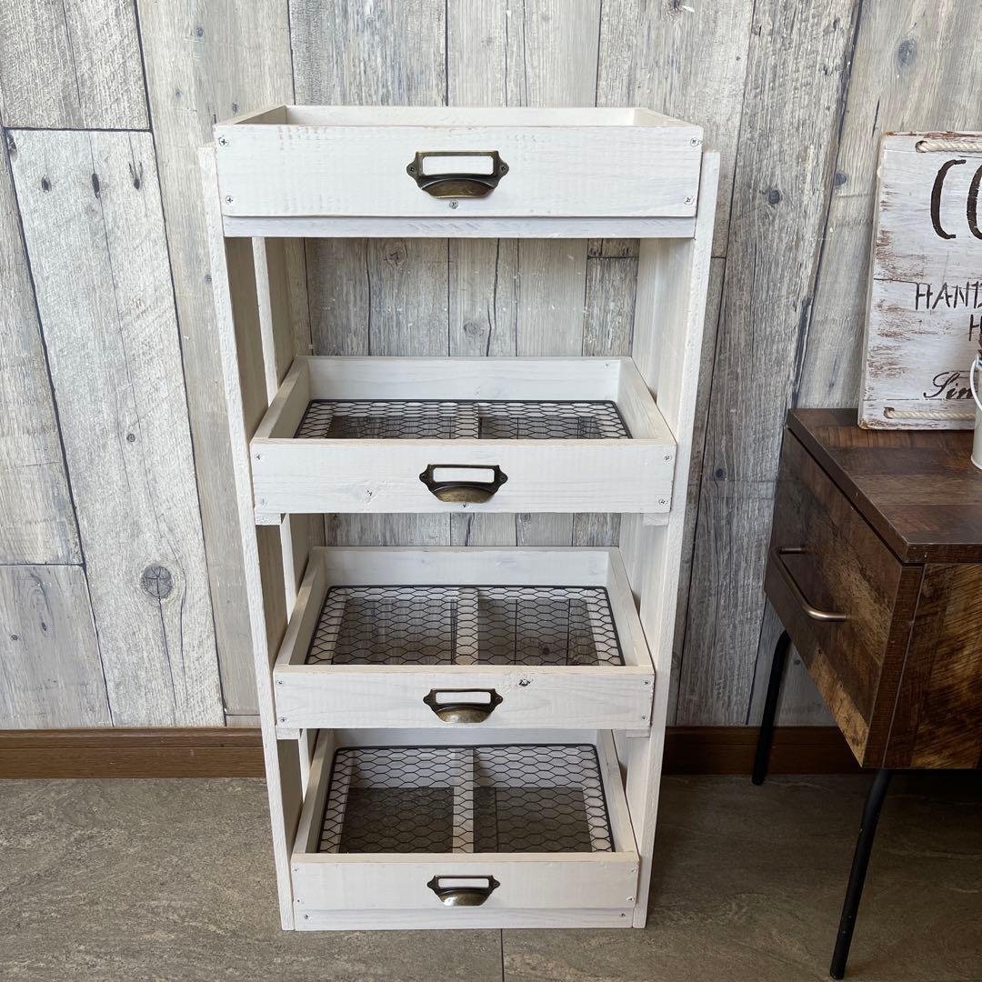 ホワイト　4段　引き出し　ウッドシェルフ　ハンドメイド　家具