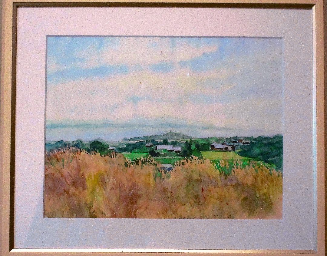 ススキの丘から東京湾一望 水彩画 木製額縁