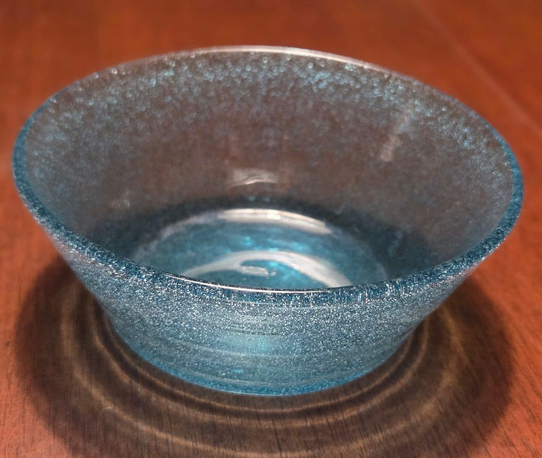 小谷真三/眞三 吹きガラス　ブルー 倉敷ガラス 気泡 直径13.5cm ボウル