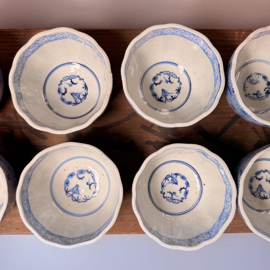 古伊万里　染付微塵唐草文向付　十客揃い　成化年製　納箱付　蕎麦猪口　古器を楽しむ