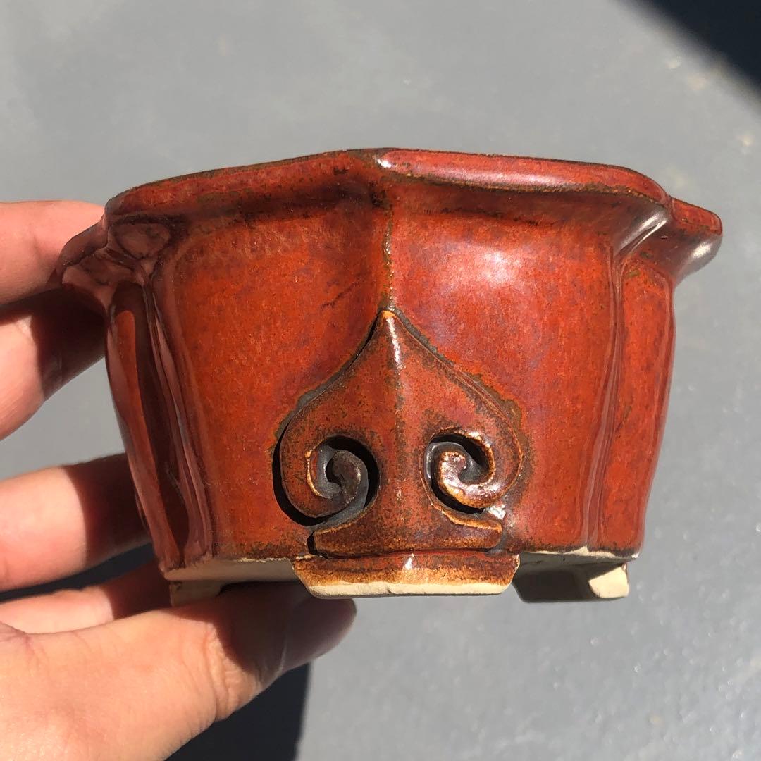 157.石舟 赤鉄釉飾足鉢 盆栽鉢 植木鉢 10*5.5cm