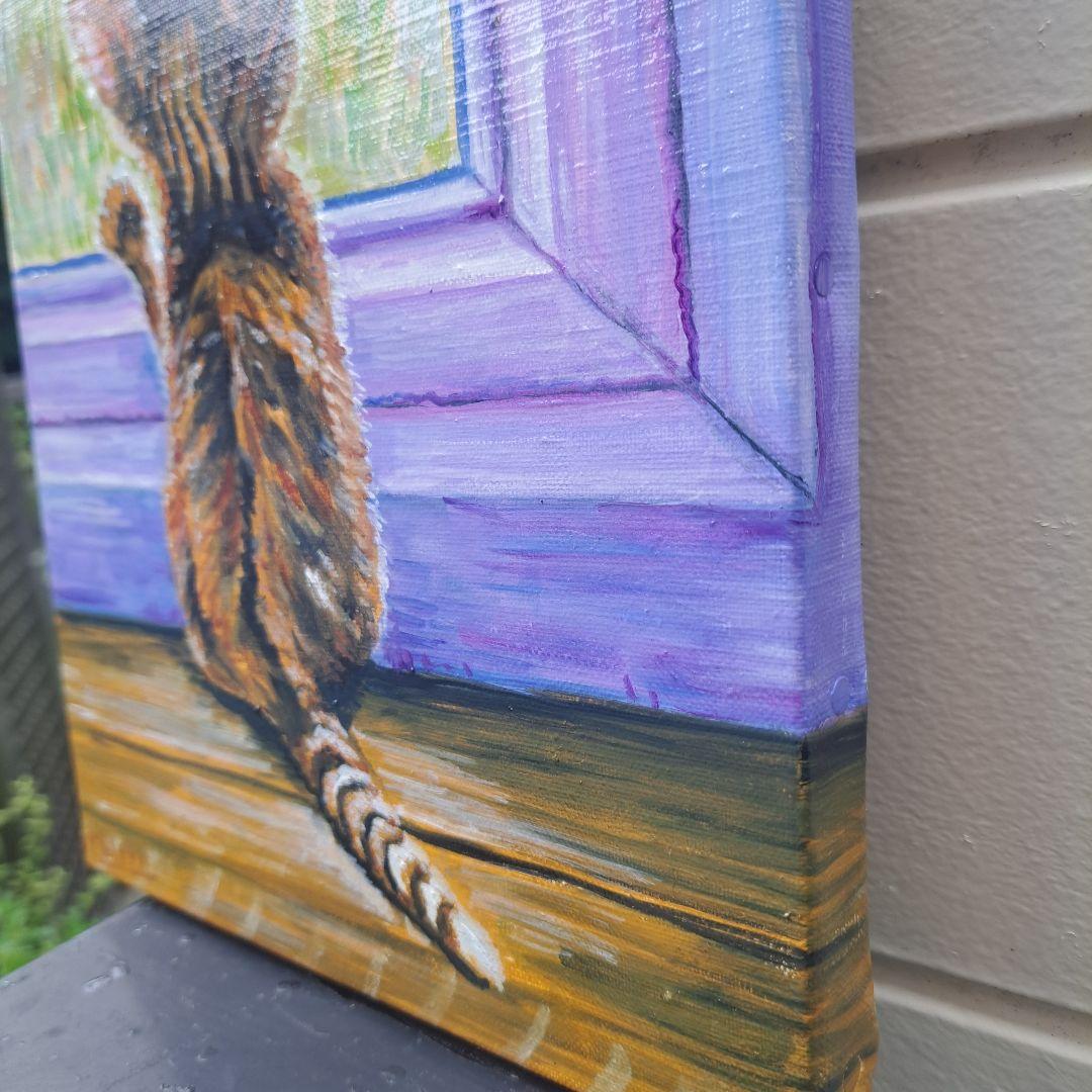 キャンバス油絵 　専用　立ち上がって 外を見ている子猫