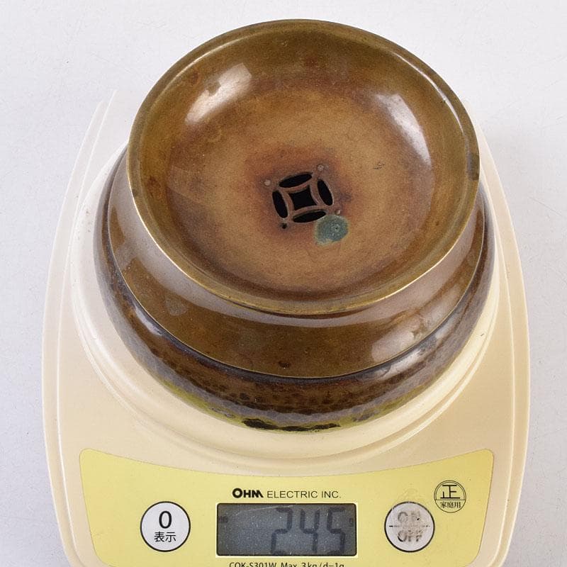 煎茶道具　黄銅　落葉壷　茶こぼし　建水　在銘　共箱　V　R8904