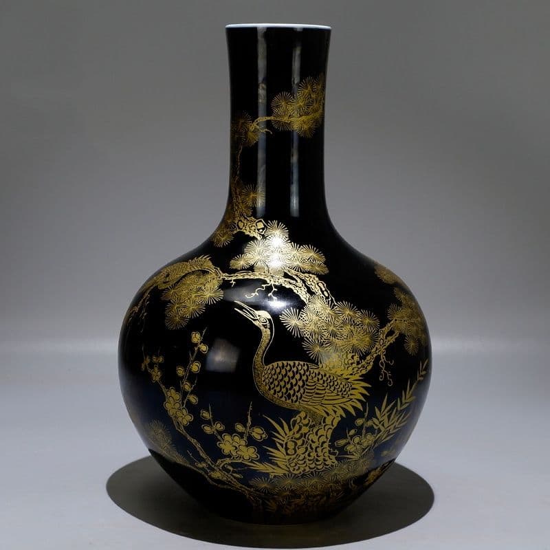 清康熙烏金釉本金手描き松鶴延年天球瓶 景徳鎮 陶磁器 装飾品現代工芸品美術品置物