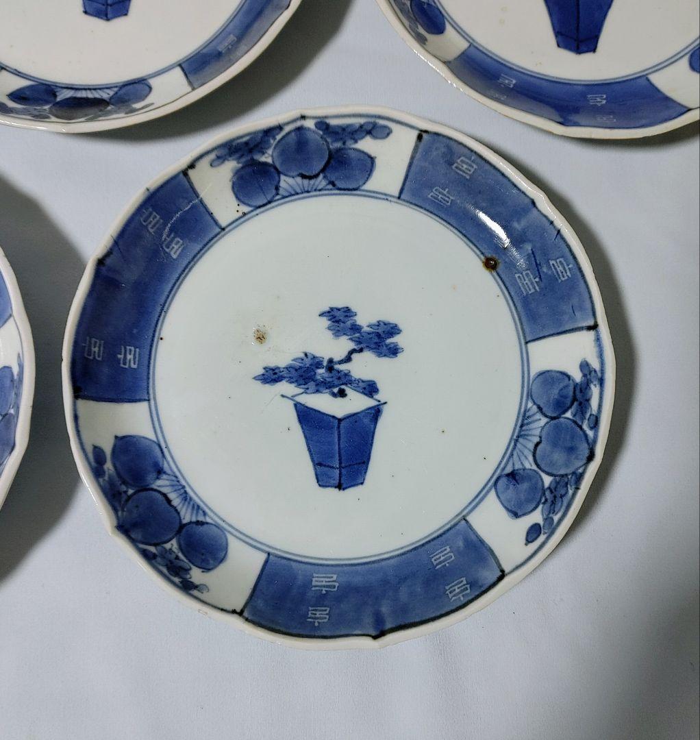 古伊万里、盆栽図六寸皿　５枚