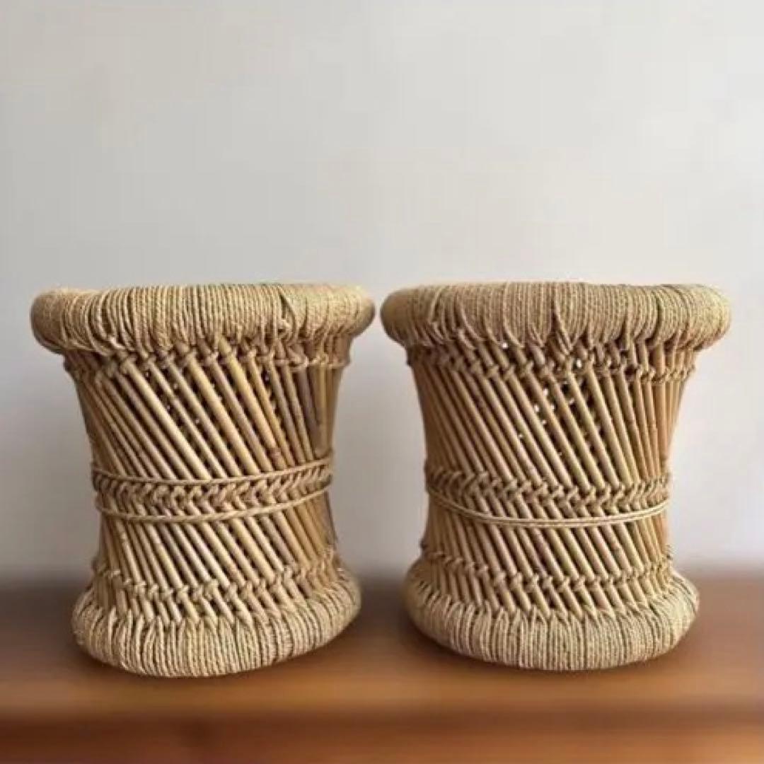 インド　スツール　椅子　2個セット　天然素材　グランピエ　カゴ　India 葛