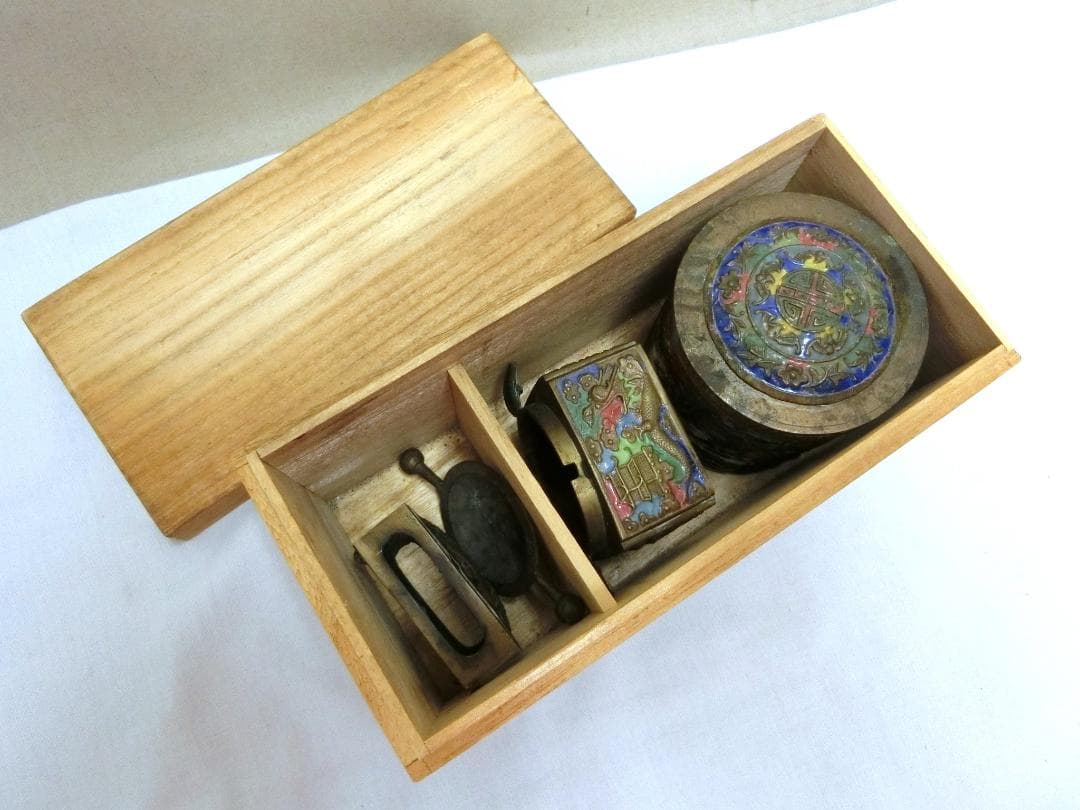 七宝細工！！【七宝容器　３点セット　煙草入れ　灰皿　マッチ立　中国】インテリア