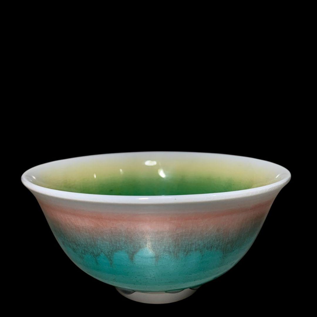 四代 徳田八十吉「曙」彩釉 茶碗 共箱 共布 九谷焼