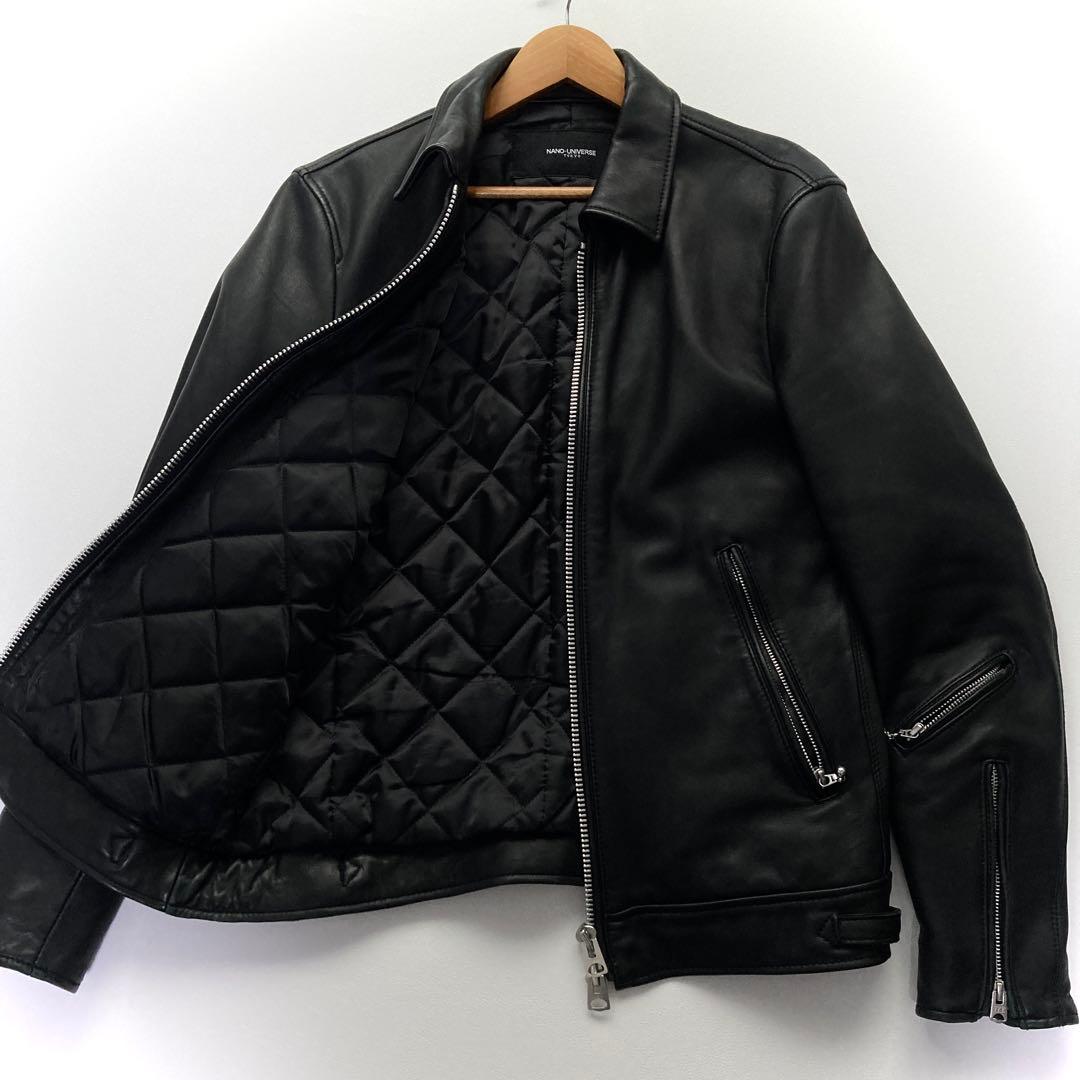 美品 ナノユニバース レザージャケット 羊革 キルティング ブラック 黒 L