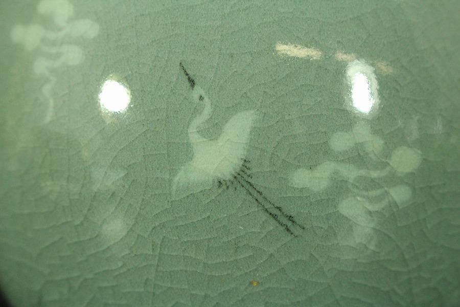 朝鮮美術 青磁 雲鶴紋 梅瓶 高22.5cm 東南陶窯 古堂趙斗彦(メ1155)