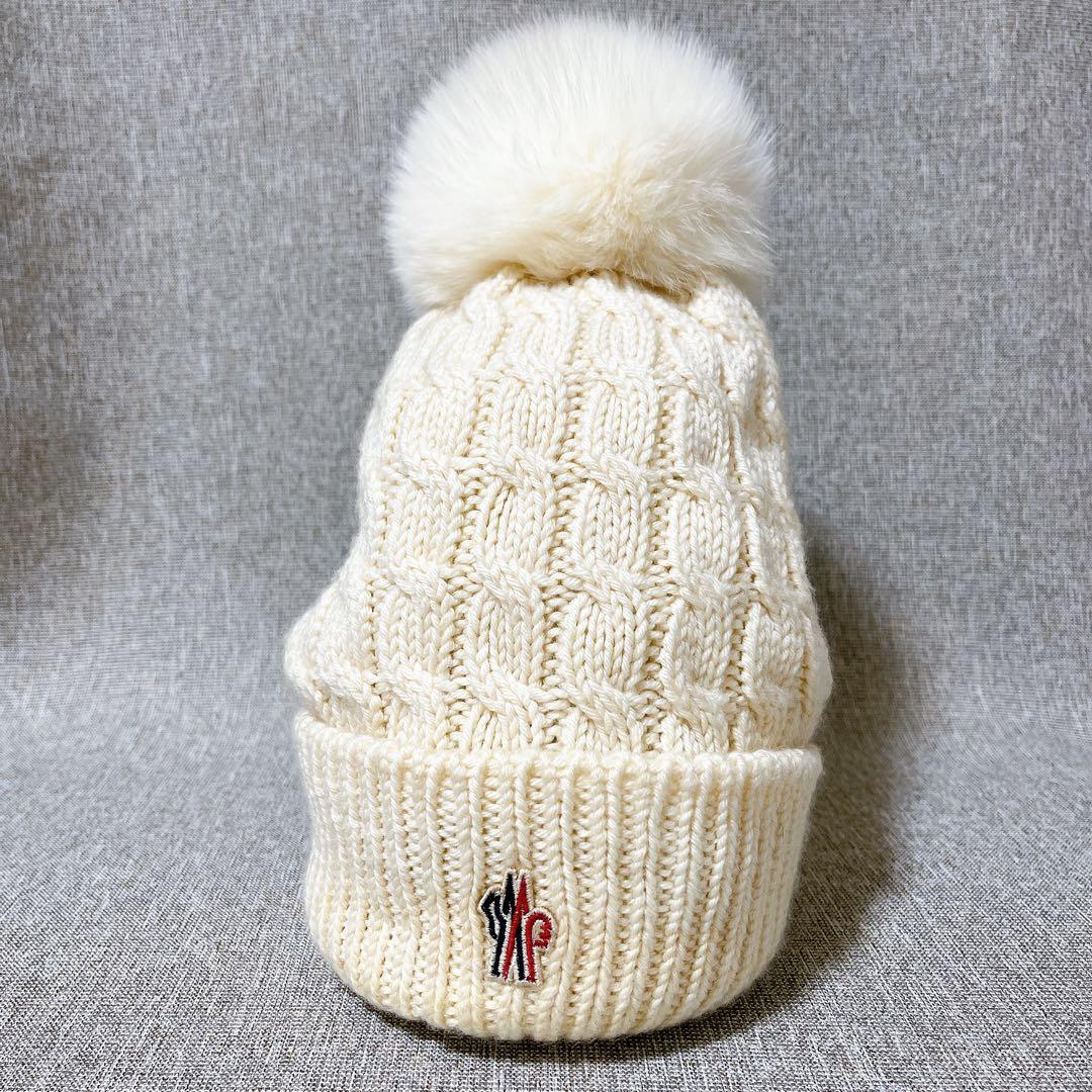 【訳あり】モンクレール ケーブル編み ニット帽 アイボリー