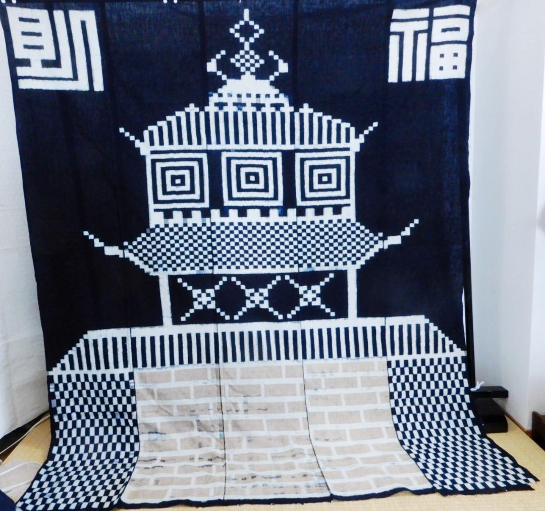 木綿・古布・明治期・手織り藍染・久留米絣・ビルヂング・5巾・一部草木染絣