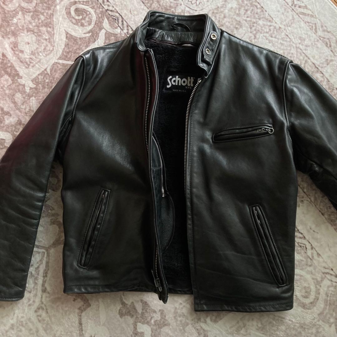 Schott ブラック レザー シングルライダースジャケット 42