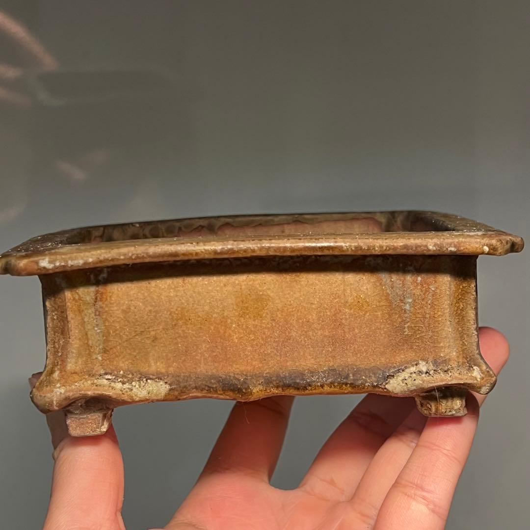 716.日本古鉢 飴釉長方鉢 盆栽鉢 植木鉢 13.6*10.8*5.2cm