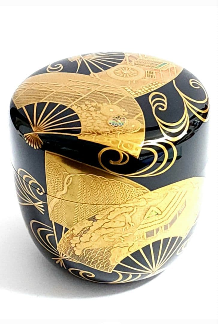 加賀蒔絵 大井好雲斎 扇面流蒔絵 黒大棗 共箱 栞付き 茶道具