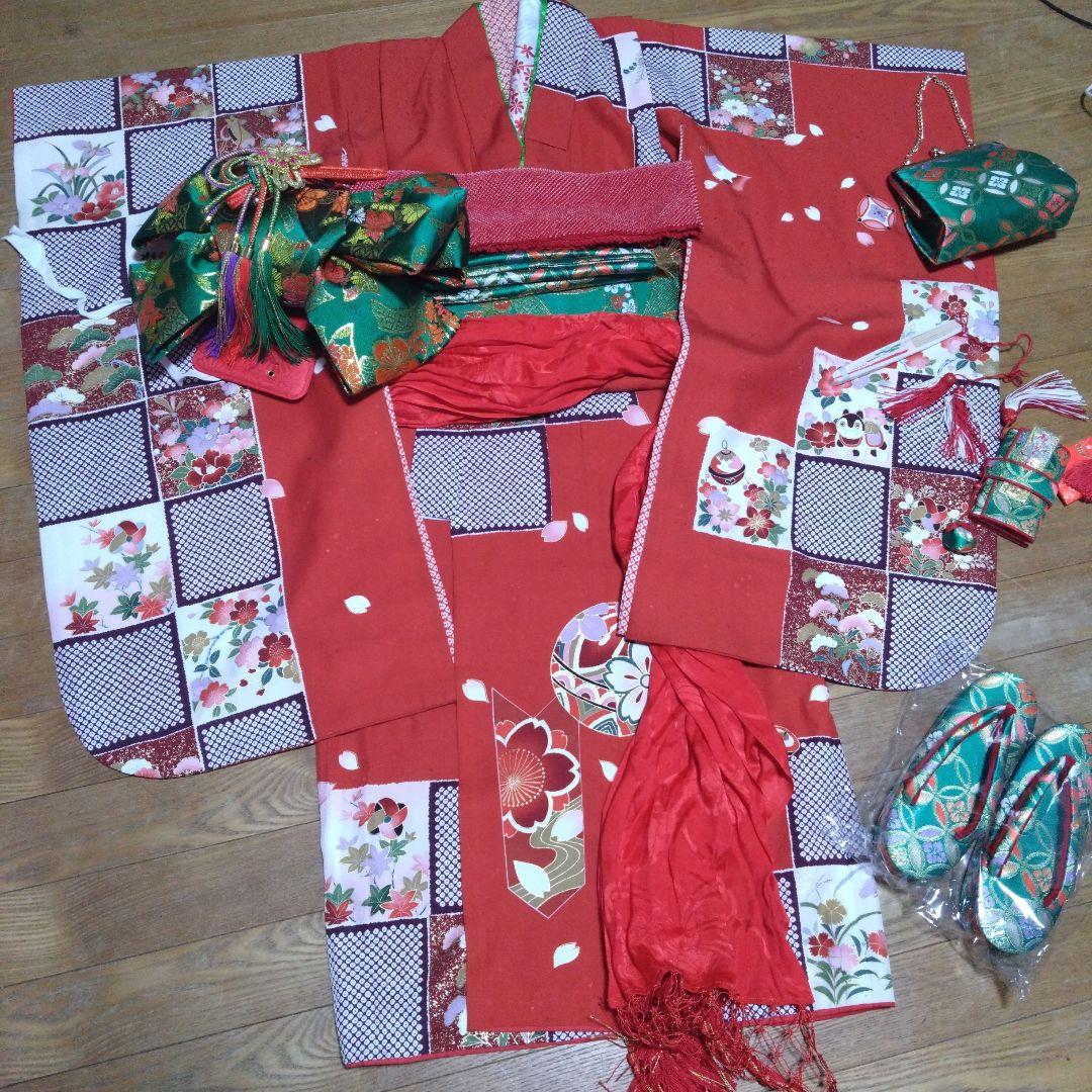 選べる色★七歳★上品★鹿の子と花の格子柄★着物セット