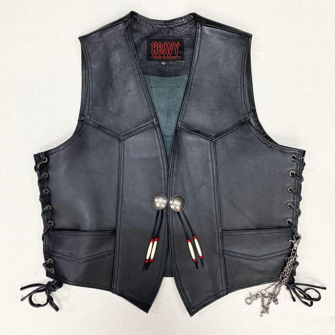 極美品✨ HEAVY レザー バイカー ベスト 42 コンチョ ブラック