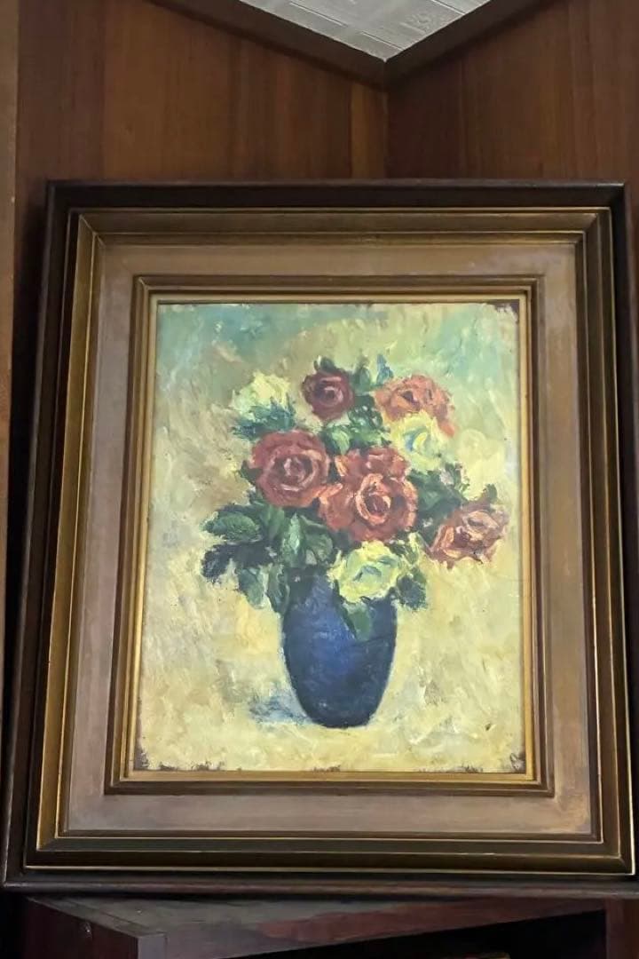 油彩画 花瓶のバラ