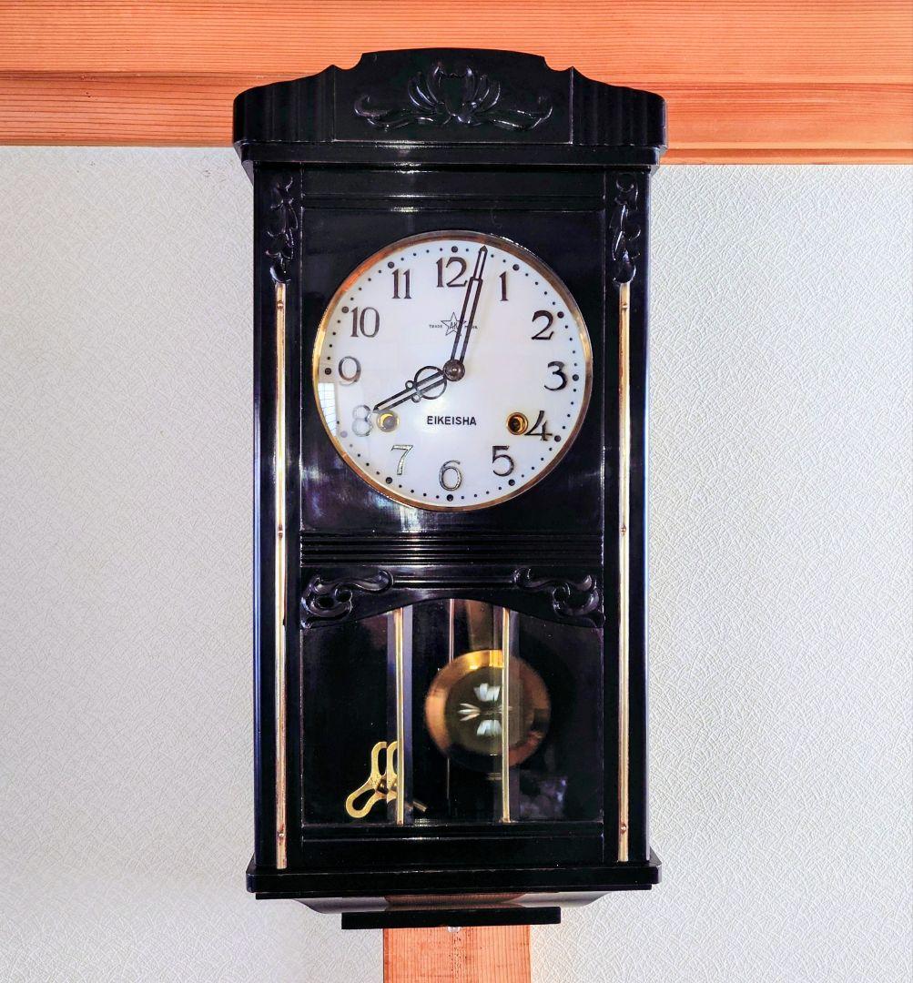 〈完動・美品〉栄計舎　黒漆塗りスリゲル宮型ゼンマイ振り子時計