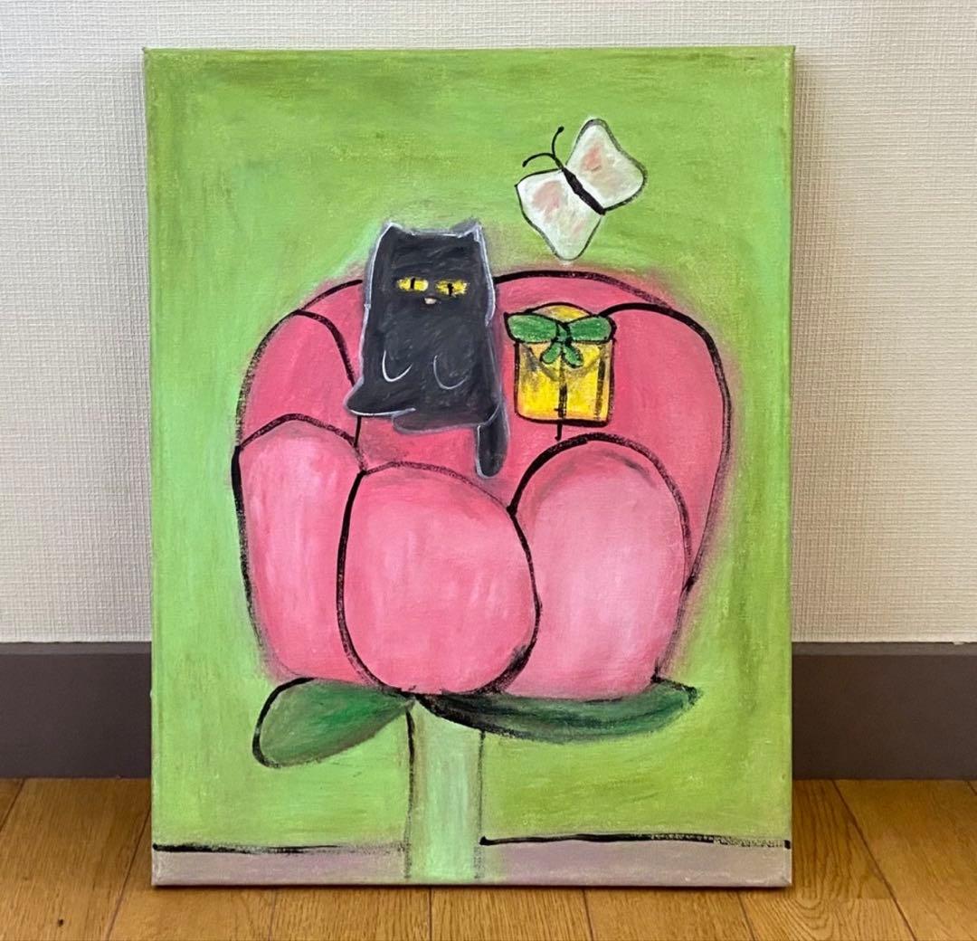 絵画。原画☆キャンバスF6【黒猫はプレゼントを持って花が咲く日を迎えに行く】