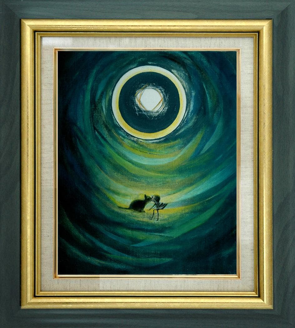 油絵 菅家令子 絵 絵画インテリア額付(黒) F3-031119 祈り子猫女の子