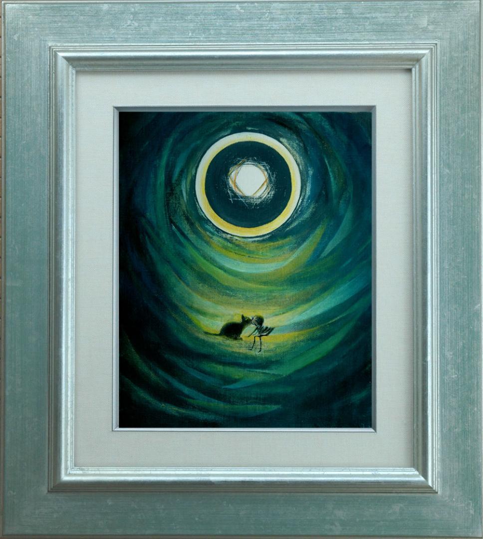 油絵 菅家令子 絵 絵画インテリア額付(黒) F3-031119 祈り子猫女の子