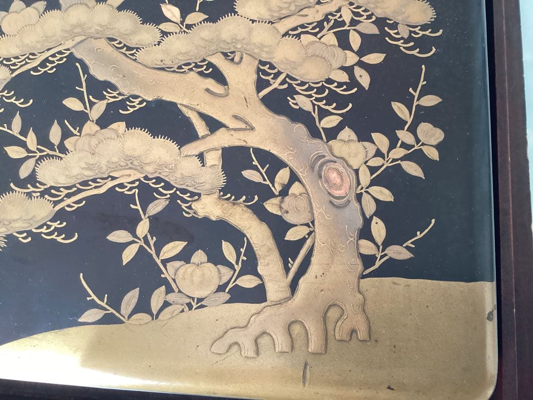 漆塗文箱 五葉松と橘花の金蒔絵　梨子漆塗　硯石・水滴付　硯箱　アンティーク　木箱