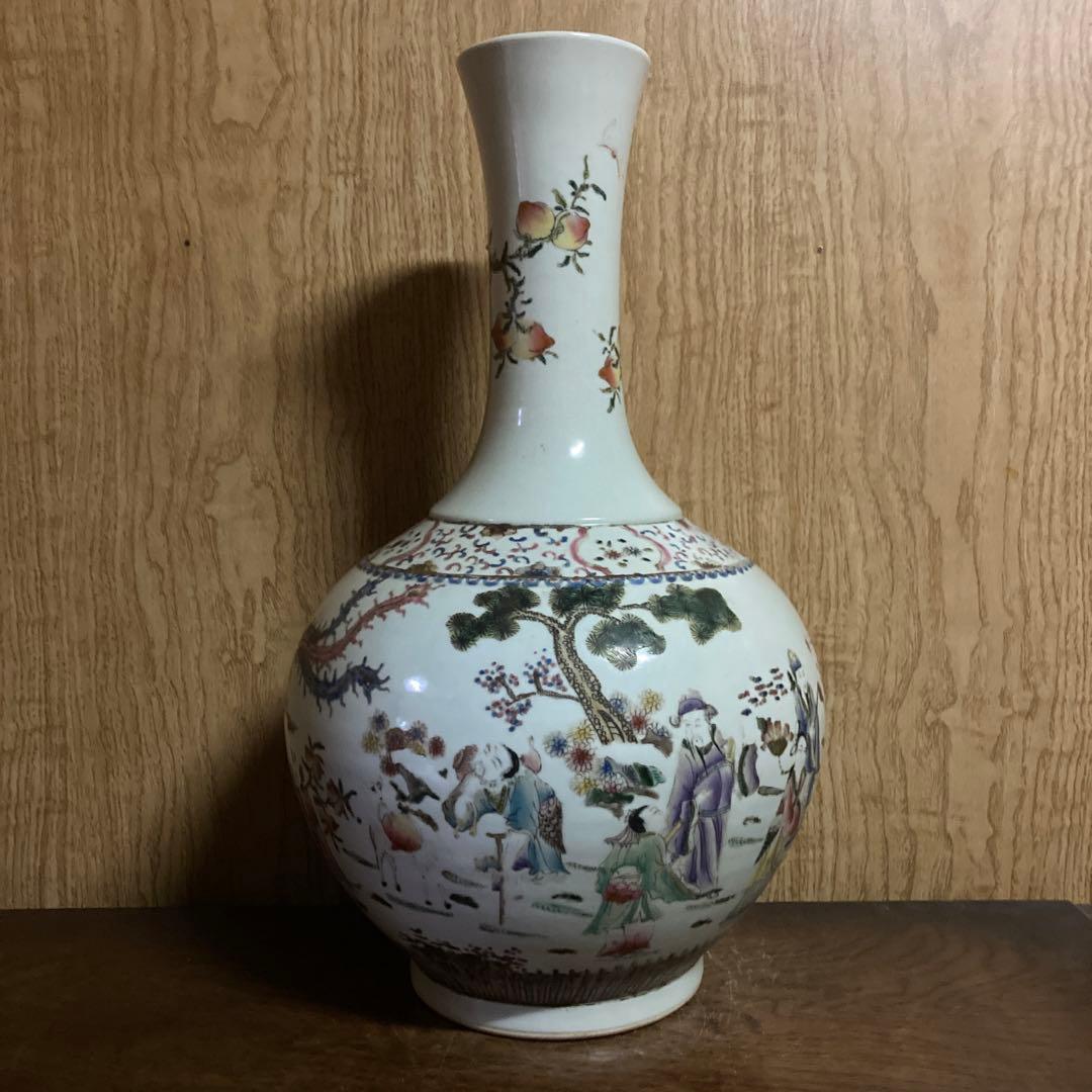 中国　色絵　瓶　天球瓶　鳳凰鶴桃果人物図　大清康熙年製銘