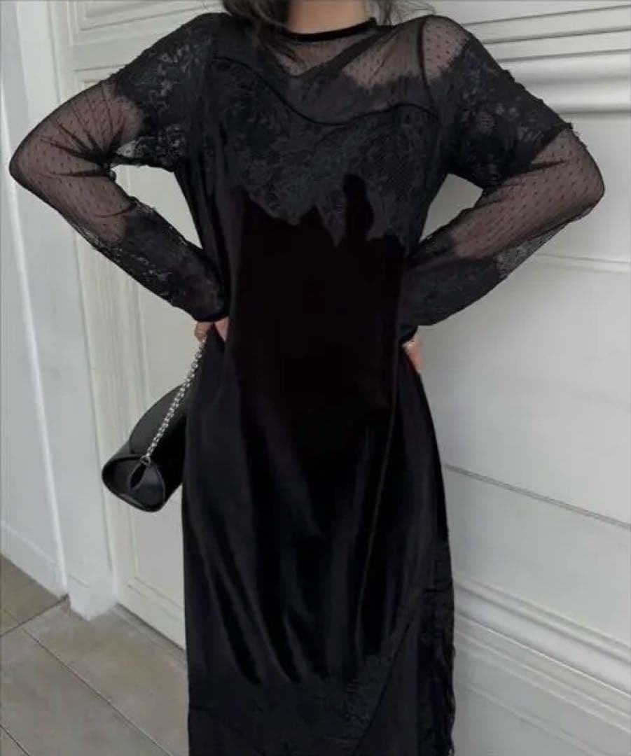 美品　dot tulle panel lace velour OP ブラック