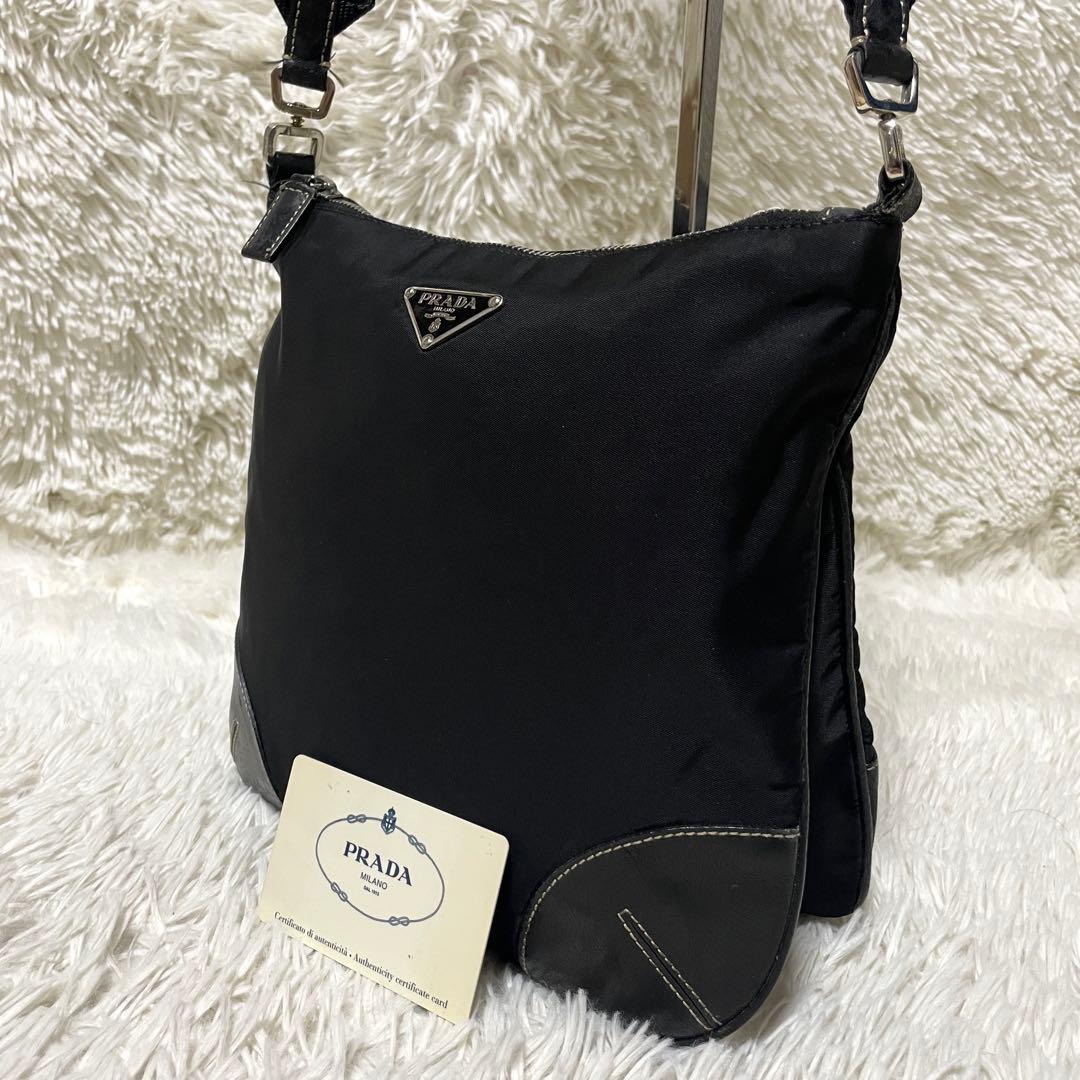 【美品】PRADA プラダ　ショルダーバッグ　ナイロン　レザー　ブラック　黒