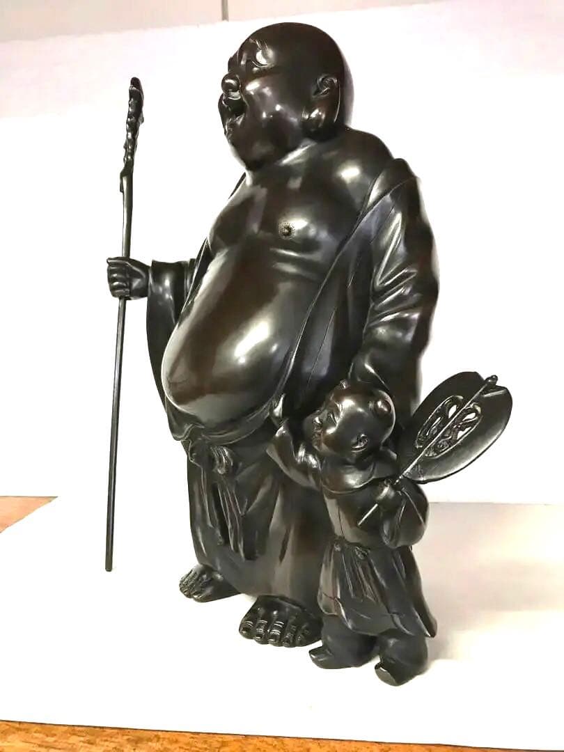 銅製:１尺3寸布袋唐子同行図置物