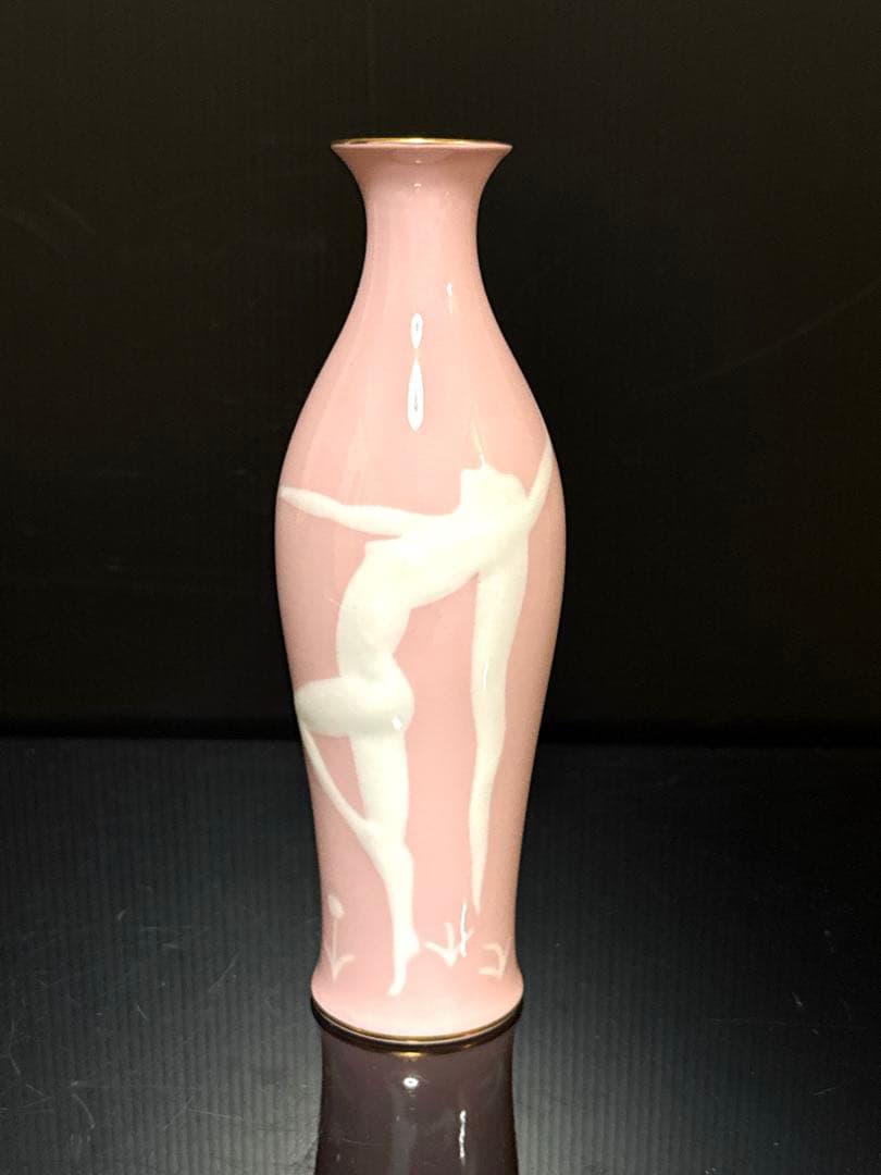 希少 オールドノリタケ Noritake 丸木印 ピンク色 盛上 踊る裸女 花瓶