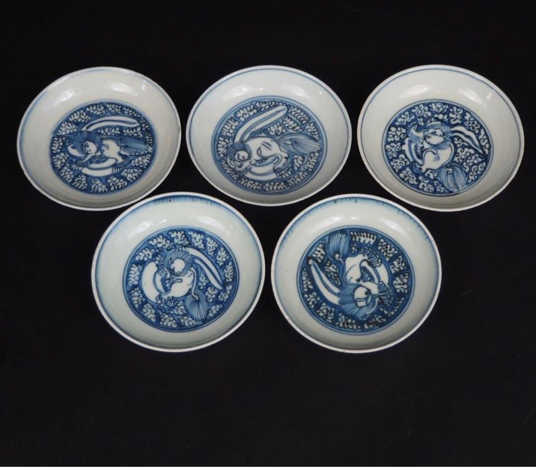 送料無料　明初期　永楽～宣徳年（1403～1435年）青華獅子文中皿５枚