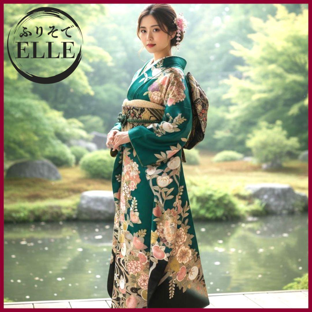 振袖フルセット(7点)・古典柄・金駒刺繍・金彩加工・鹿の子柄・正絹