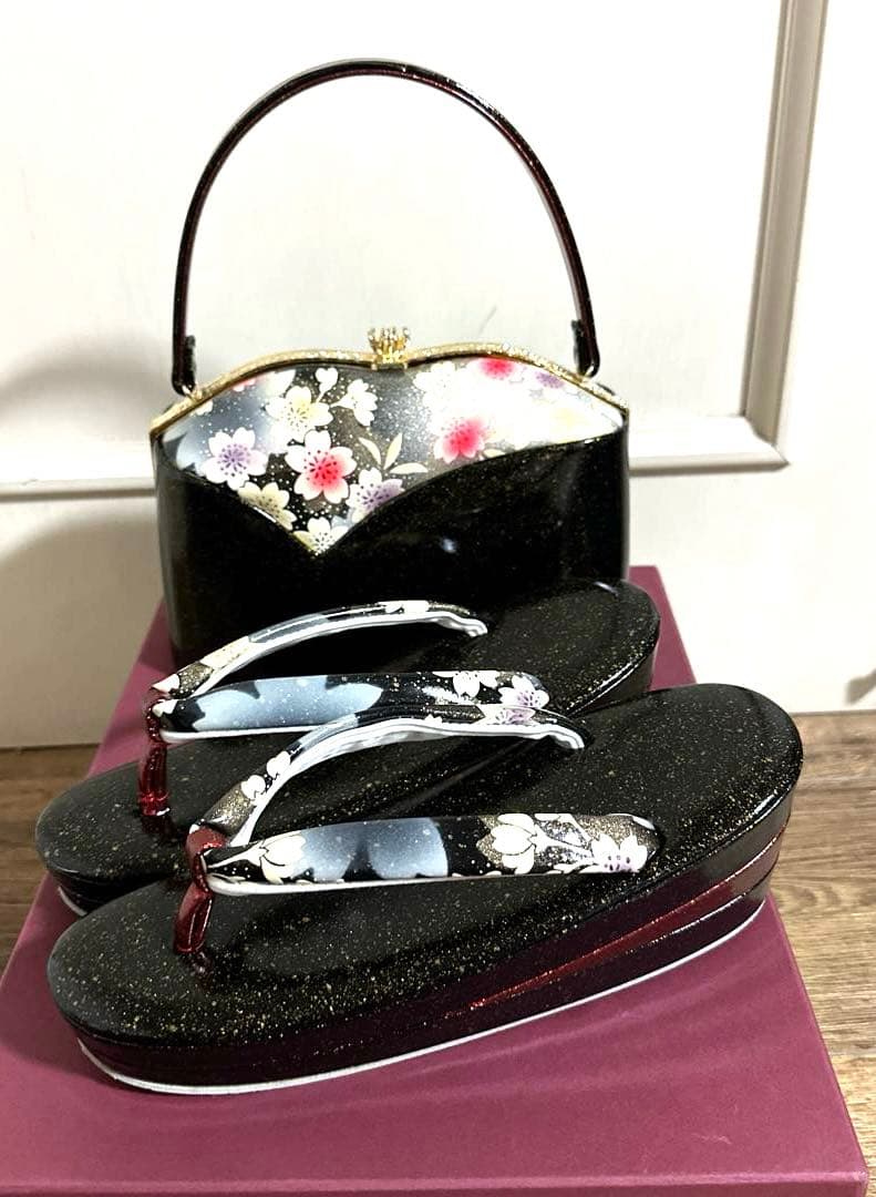 着物 和装 草履バッグセット 桜 黒 中古品 成人式