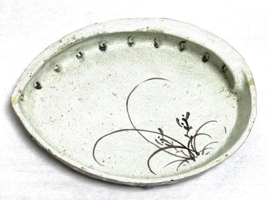 古美術 大振り鮑貝形水盤 花器 華道具 ウブ品 日本古玩 伝世品焼WWTT127