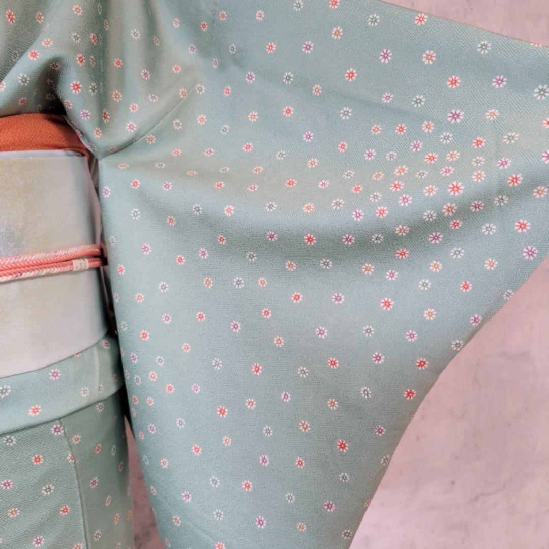 小紋　フルセット　着物　正絹　緑　可愛い　花　C1