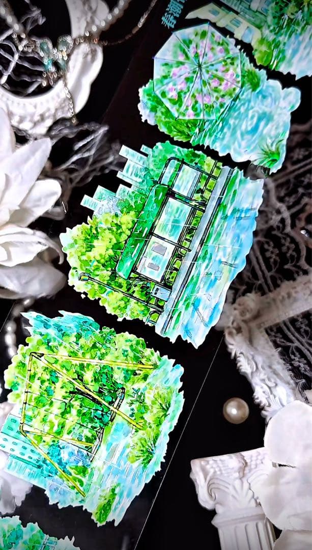 【8902】海外　マステ　3/5/巻　貝殻光マスキングテープ　雨景色　公園